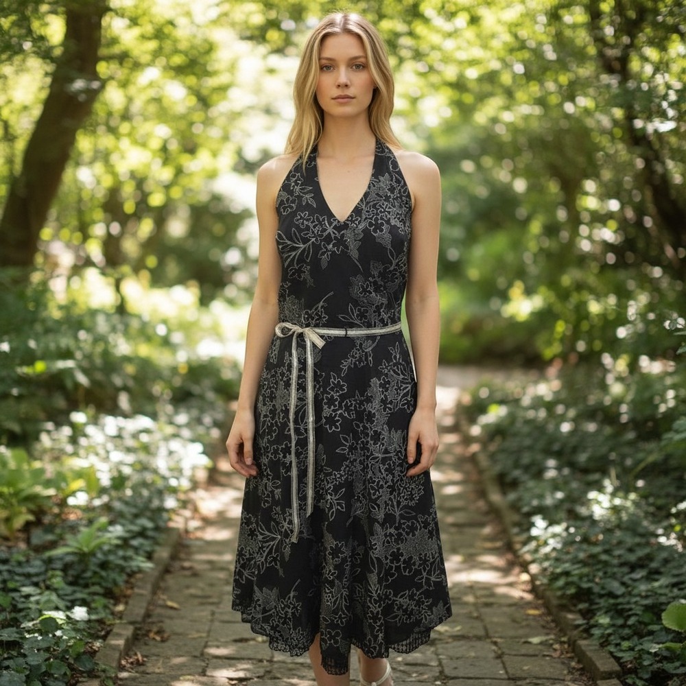 AGB Dress Womens 14 Black Floral Halter Midi Dress Cotton Lace Trim Cocktail